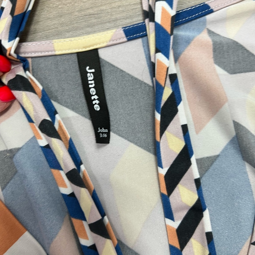 Jeanette Wrap Chic Geometric Maxi Dress in Blue and Orange - Picture 2 of 3